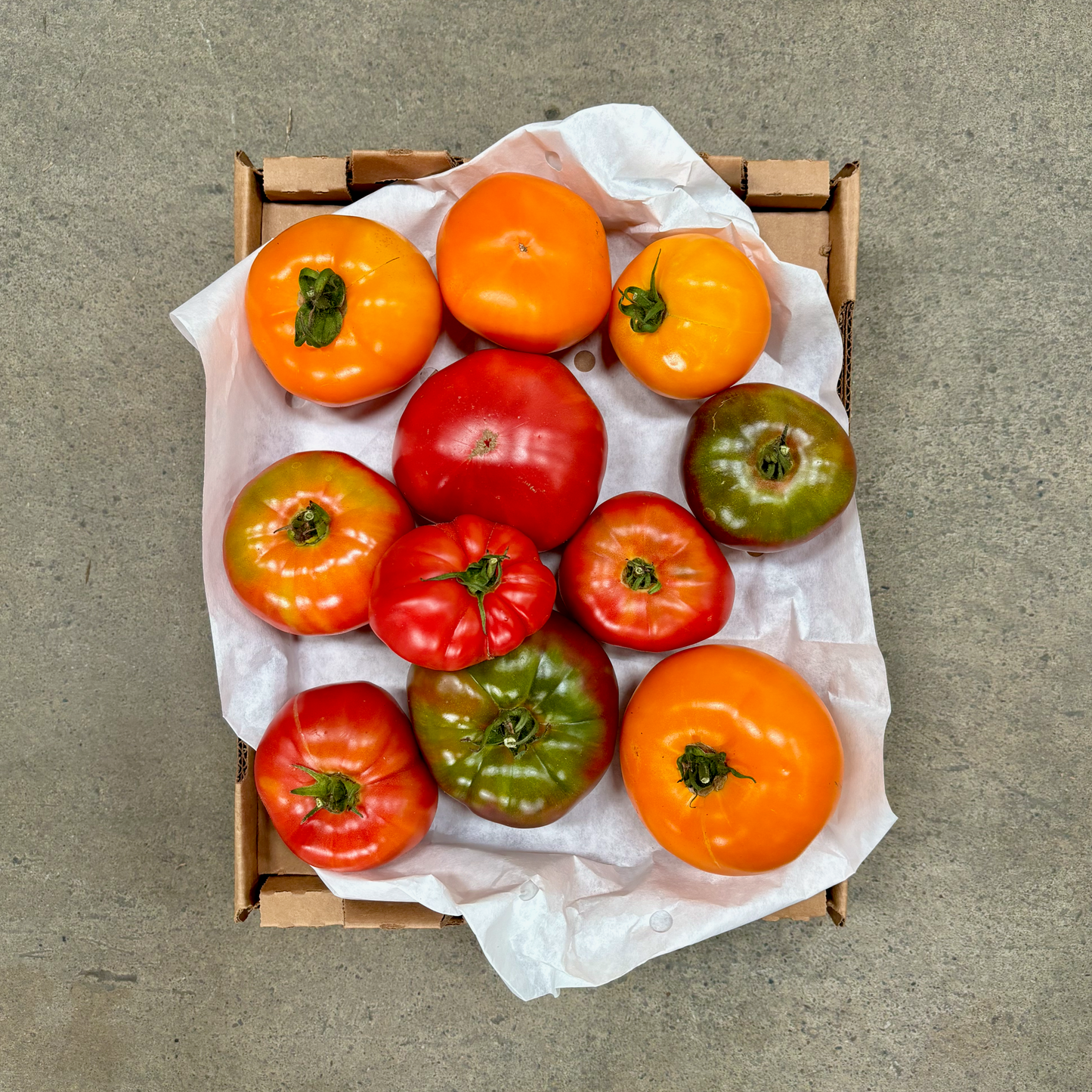 Box of Organic Cherokee Purple & Marvel Stripe Heirloom Tomatoes